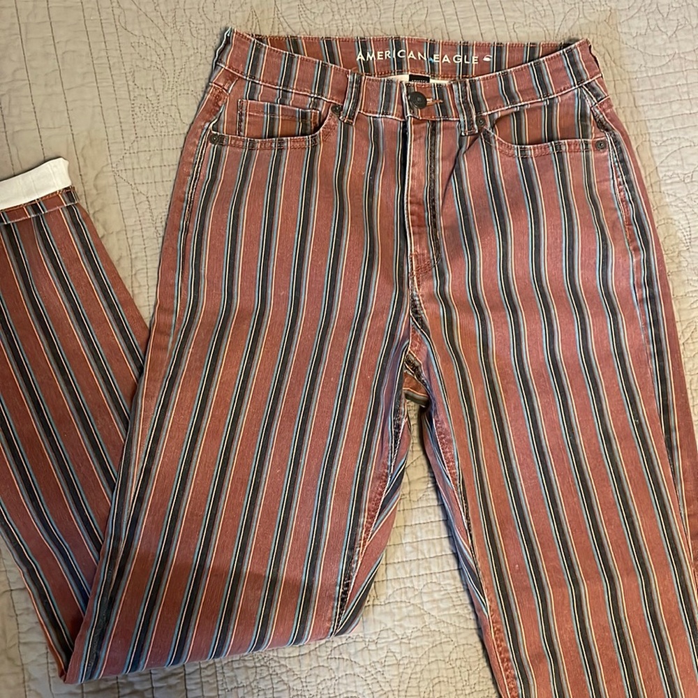 AE size 2 X-Long, fun mom Jean, dark blue, mauve, light blue, peach stripes